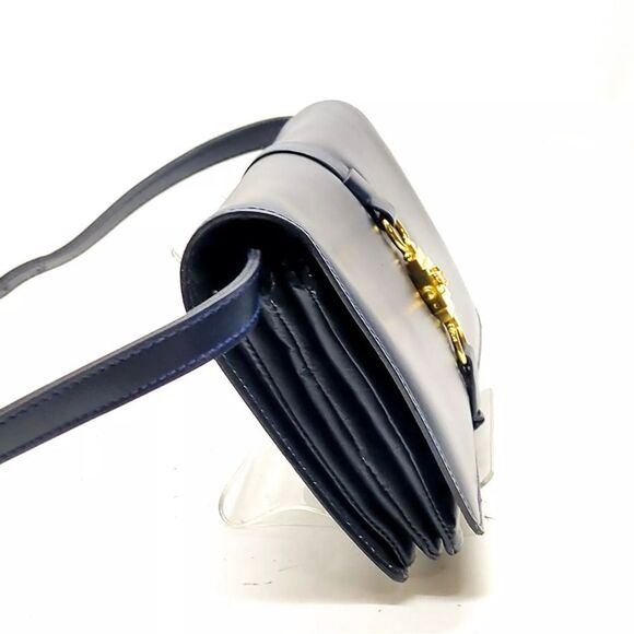 Auth Vtg Celine Small Navy Blue Polished Leather Trio Shoulder Bag 1970s Caleche - Picture 3 of 9